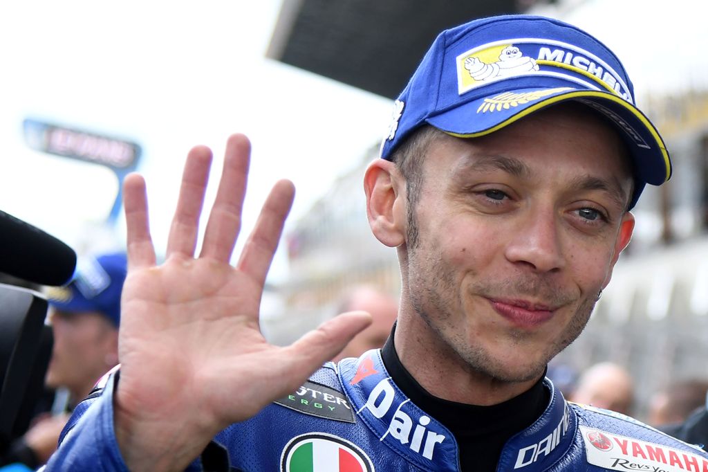 (FILES) This file photo taken on May 20, 2017 shows Italy's rider Valentino Rossi (Movistar Yamaha MOTOGP N 46) after winning the second position on the starting grid during the MotoGP qualifying practice session ahead of the French Motorcycle Grand Prix,