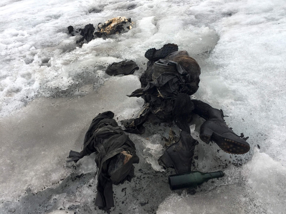 This handout picture distributed on July 18, 2017 by the Swiss cable cars company Glacier 3000 shows the mummified remains of a Swiss Couple who went missing 75 years ago and who were found in a glacier in the Diablerets mountains, in southern Switzerland