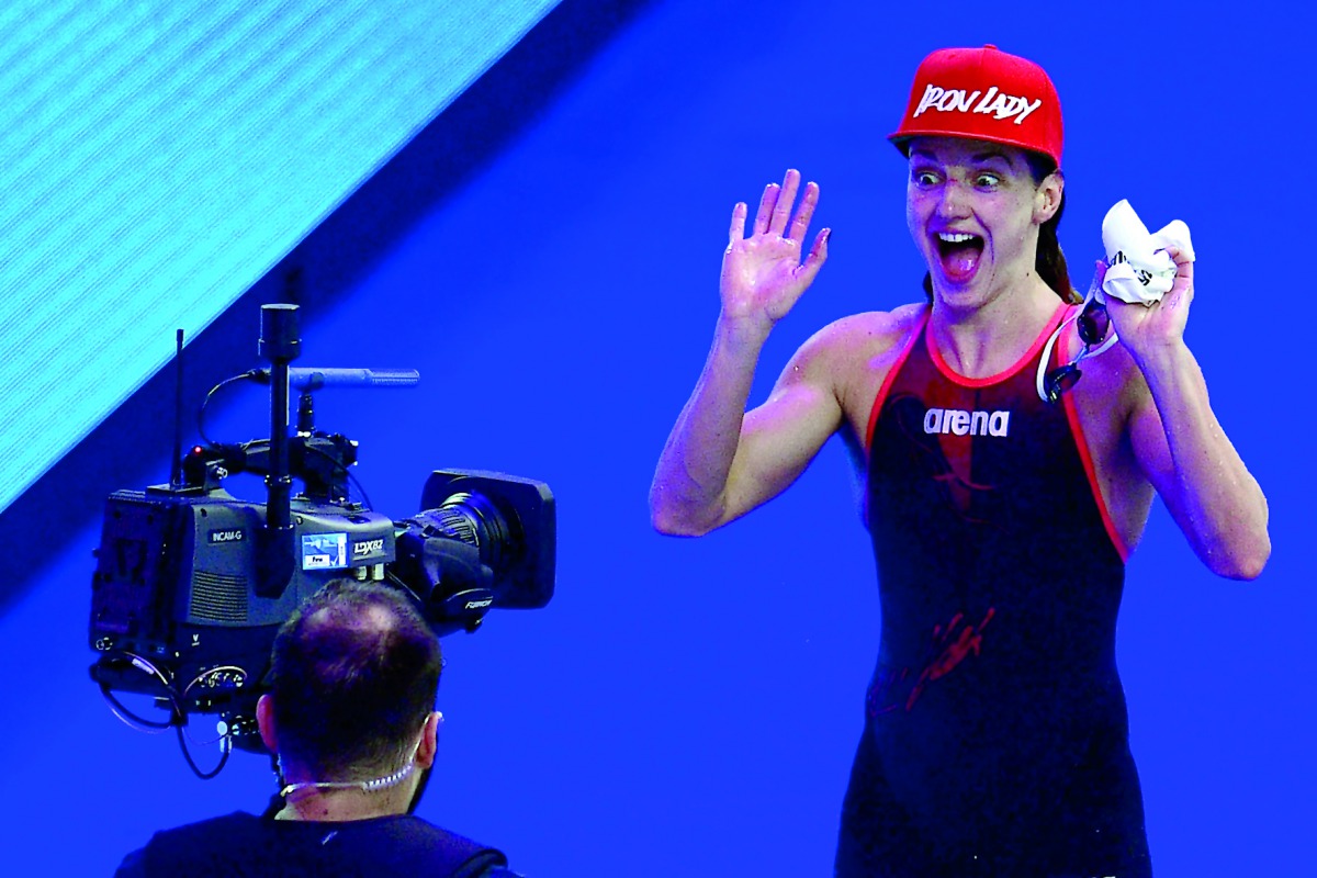 Hungary’s Katinka Hosszu reacts after competing in the women’s 200m individual medley final during the swimming competition at the 2017 FINA World Championships in Budapest, on Monday.