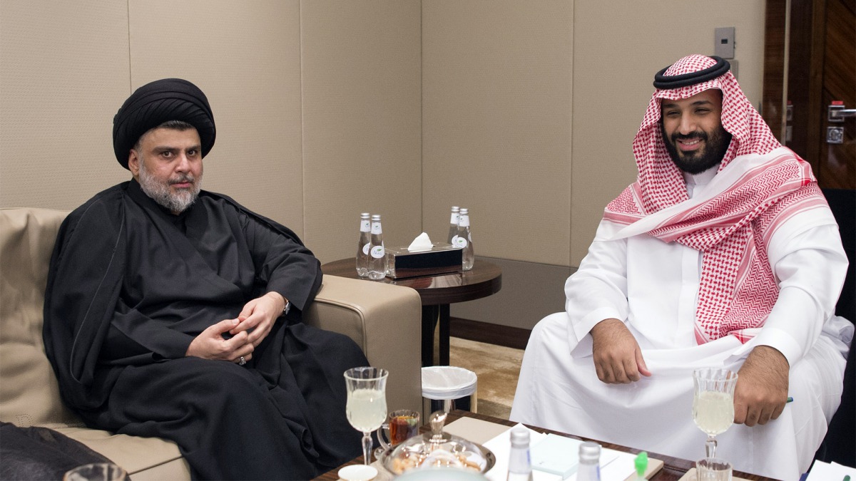 Crown Prince Mohammed bin Salman (R) receiving prominent Iraqi Shiite cleric Moqtada al-Sadr in Jeddah on July 30, 2017.  AFP Photo/Saudi Royal Palace/Bandar Al-Jaloud