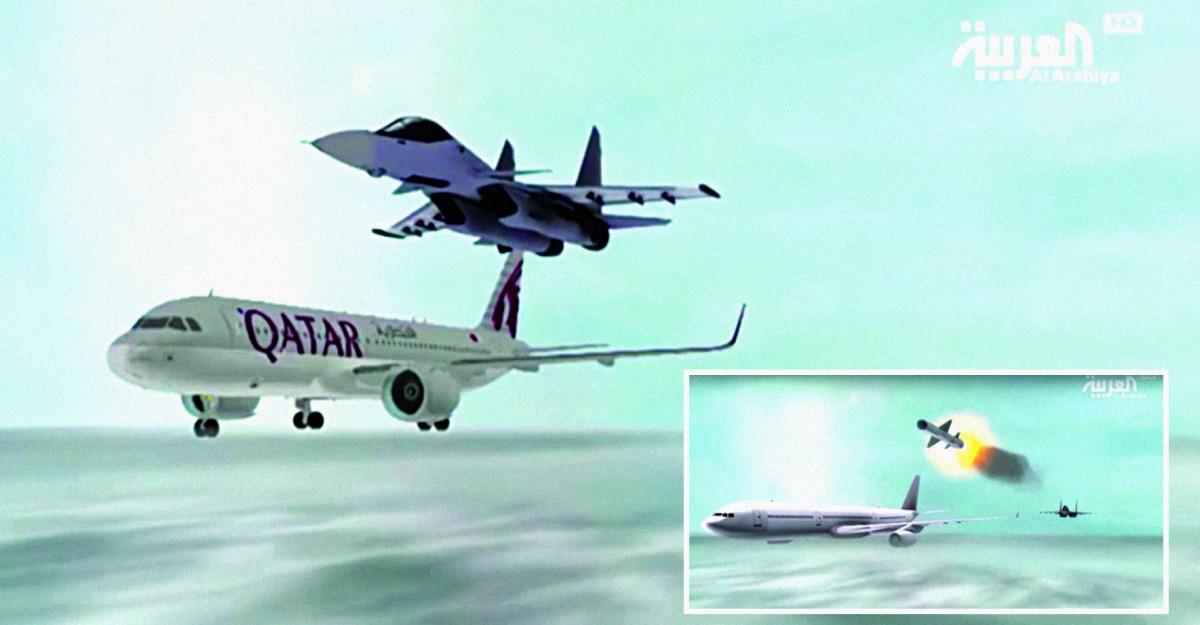 Al Arabiya animation shows a Qatar Airways aircraft being escorted by a fighter. Inset: A missile shot at an aircraft.