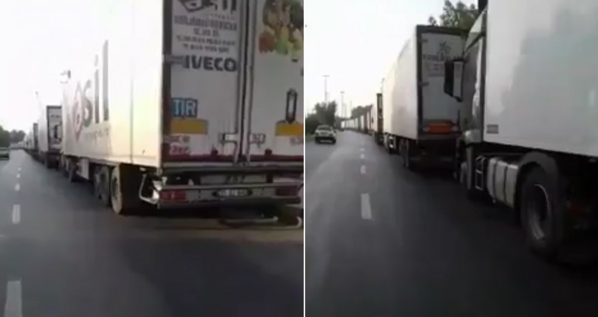 Trucks from Turkey to Qatar on the Iranian roads. Video still