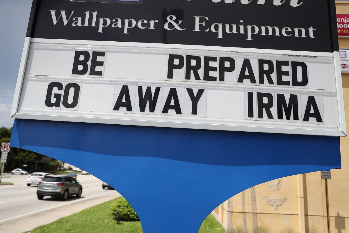 A sign on a business reas, 'Be Prepared Go Away Irma,' as people prepare for the arrival of Hurricane Irma on September 6, 2017 in Miami, Florida. (Joe Raedle/Getty Images/AFP)