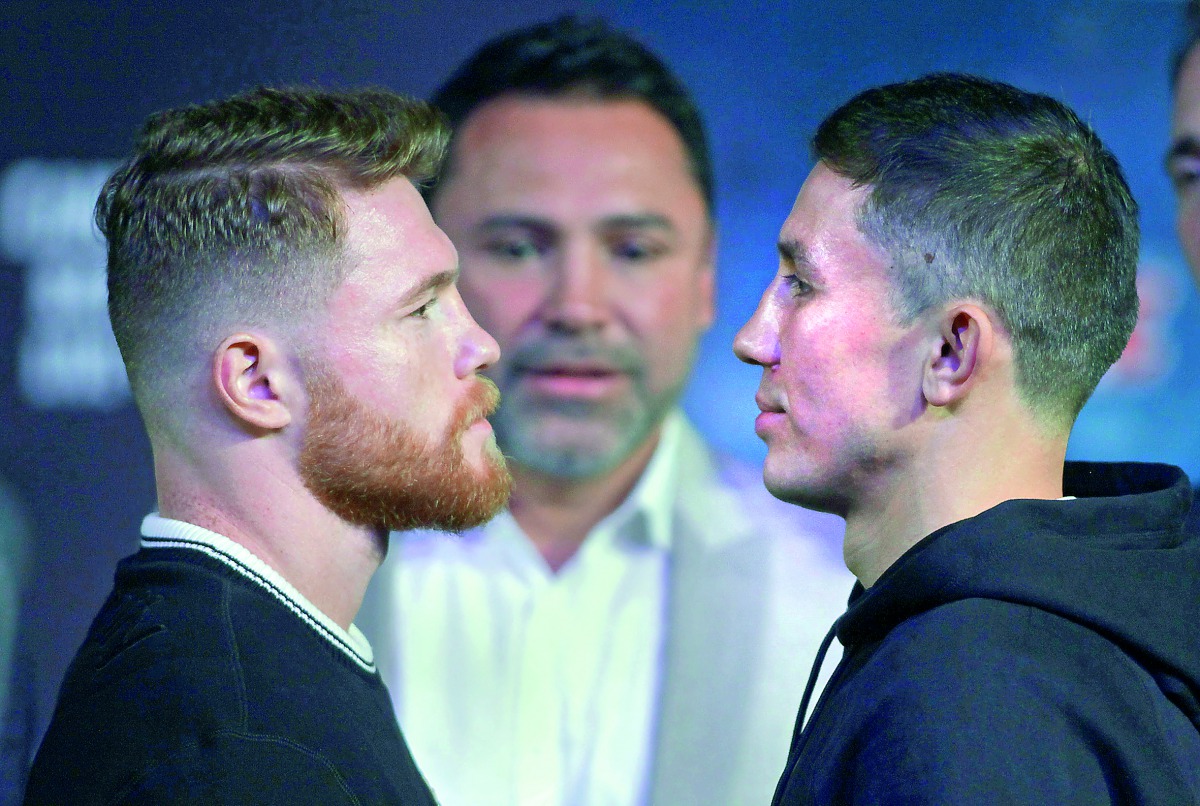 Boxers Canelo Alvarez (left) and Gennady Golovkin face-off during their final press conference at MGM Grand Hotel and Casino in Las Vegas, Nevada. Alvarez will challenge WBC, WBA and IBF middleweight champion Gennady Golovkin for his titles at T-Mobile Ar