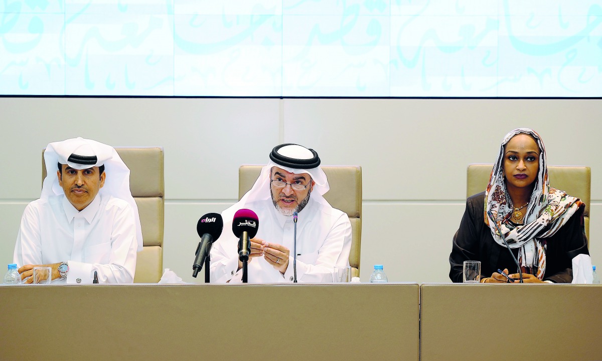 Dr Khalifa Al Khalifa, (left) Dean, College of Engineering, Dr Ahmed Al Emadi, Dean, College of Education (centre), and Dr Tahra El Obeid, Assistant Professor of Food Technology and Human Nutrition, during the press conference at Qatar University, yesterd