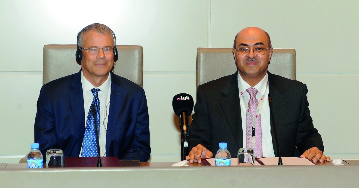 Dr Egon Toft (left), Vice-President for Medical and Health Sciences and Dean of the College of Medicine, Qatar University (QU); and Jamal Saleh Hammad, Deputy CEO and Director of Projects, MediCare and Al Ahli Hospital; addressing the media prior to an Mo