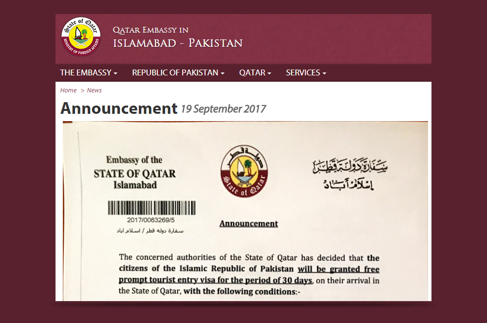 Source:  Qatar embassy in Islamabad