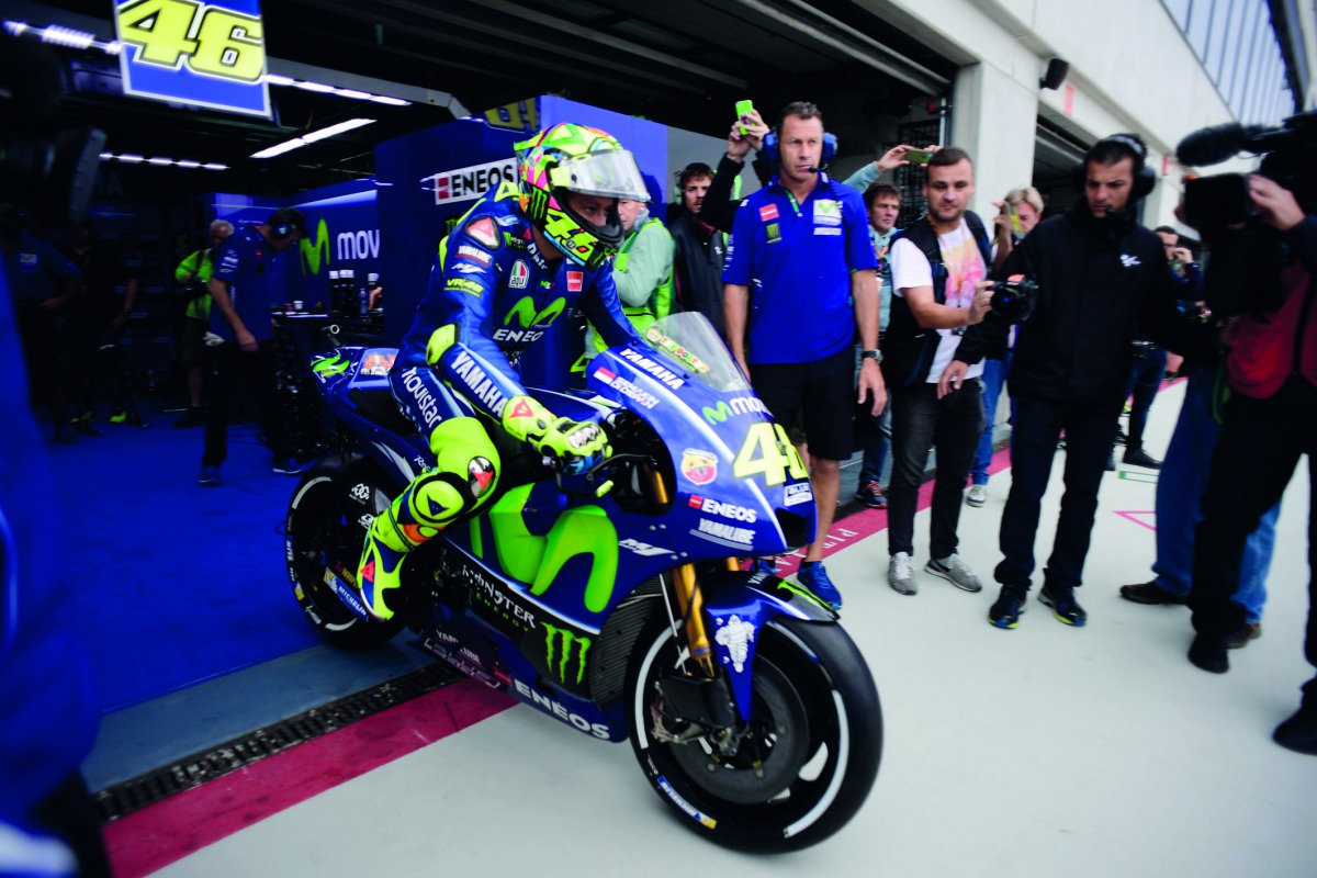 Movistar Yamaha MotoGP’s Italian rider Valentino Rossi leaves the box during the Moto GP first free practice during the Moto Grand Prix of Aragon at the Motorland Circuit in Alcaniz  yesterday.