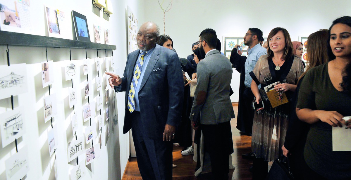 Dr. Akel I Kahera (left), Dean of VCUarts Qatar, at the 20/20/20 exhibition being held in celebration of two decades of Art and Design Excellence at VCUarts Qatar. Pic: Kammutty VP / The Peninsula 