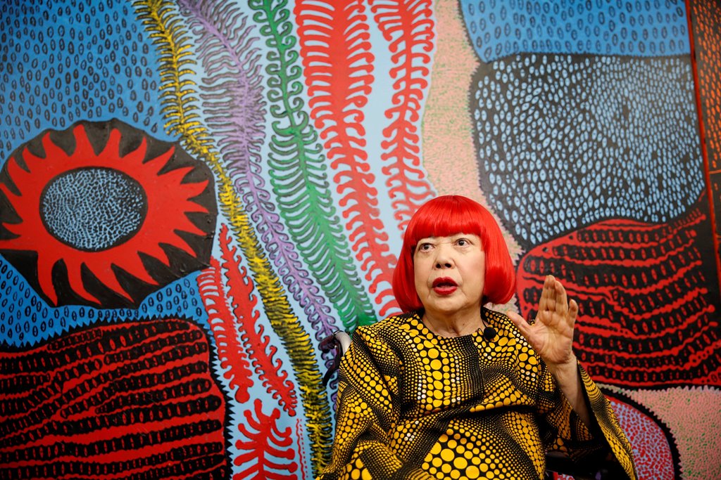 Japanese avant-garde artist Yayoi Kusama speaks to journalists at her studio in Tokyo, Japan September 26, 2017. Reuters/Toru Hanai
