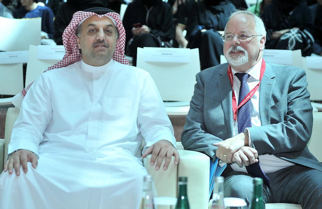 Minister of State for Defence Affairs and Member of the Council of Ministers HE Dr Khalid bin Mohamed Al Attiyah with Michael Trick, Dean of Carnegie Mellon University in Qatar during the lecture which took place at Carnegie Melon University yesterday. pi