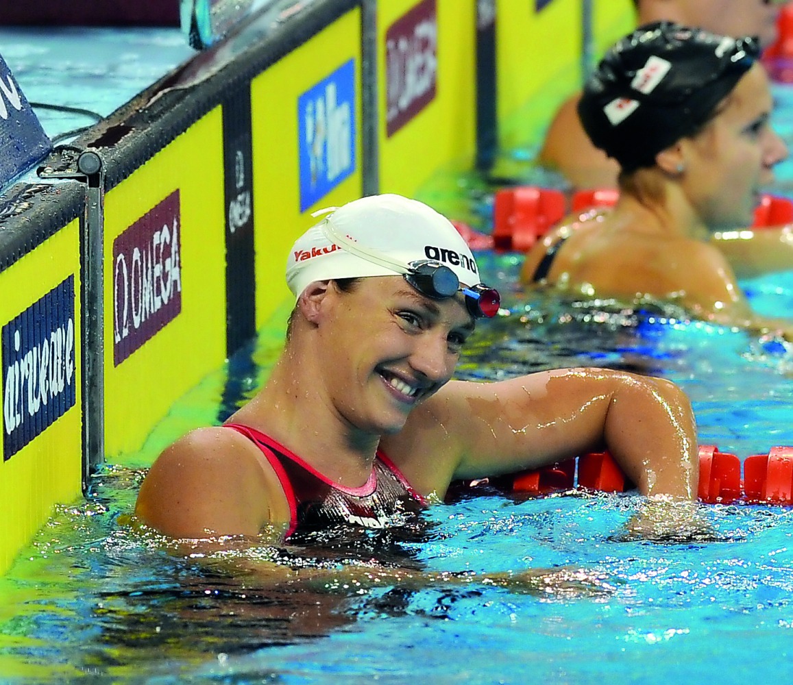 Hungary’s Katinka Hosszu smiles after sealing a victory on last day of FINA World Cup at Hamad Aquatic Center on Thursday. Pic: Salim Matramkot/The Peninsula  