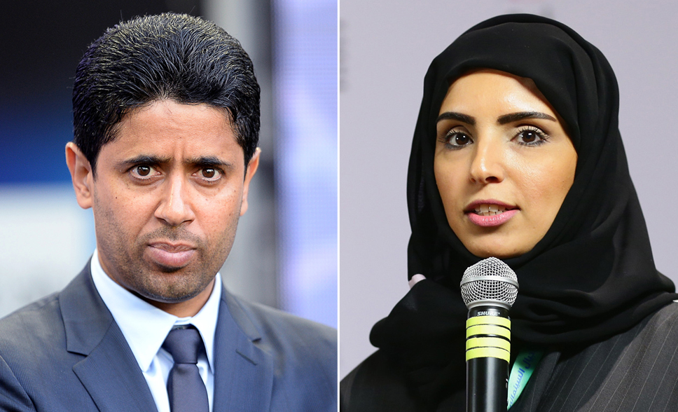 (COMBO) Nasser Al-Khelaifi (L) Chairman of PSG and the CEO of beIN Media Group and Fatma Al Remaihi (R), CEO of Doha Film Institute