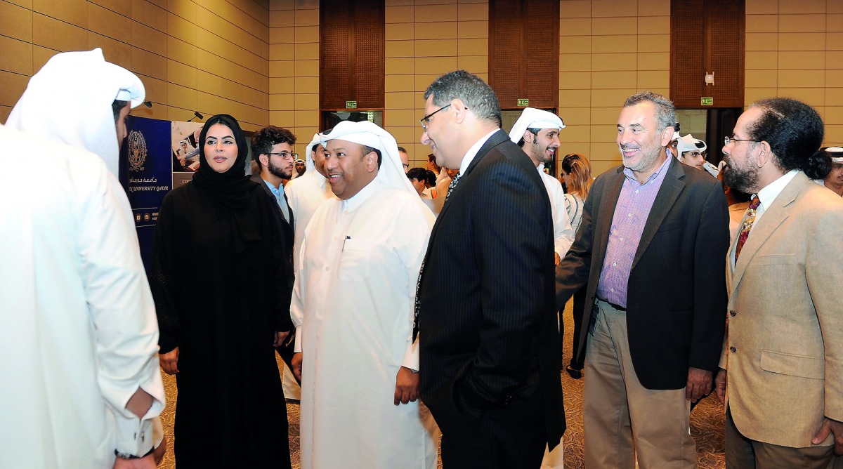 Khalifa Saad Al Derham, Director of Schools Affairs, Ministry of Education and Higher Education; Maryam Al Mannai, Vice-President of Student Affairs, Hamad Bin Khalifa University (HBKU); Dr Khaled B Letaief, Provost, HBKU; and other officials after Al Der