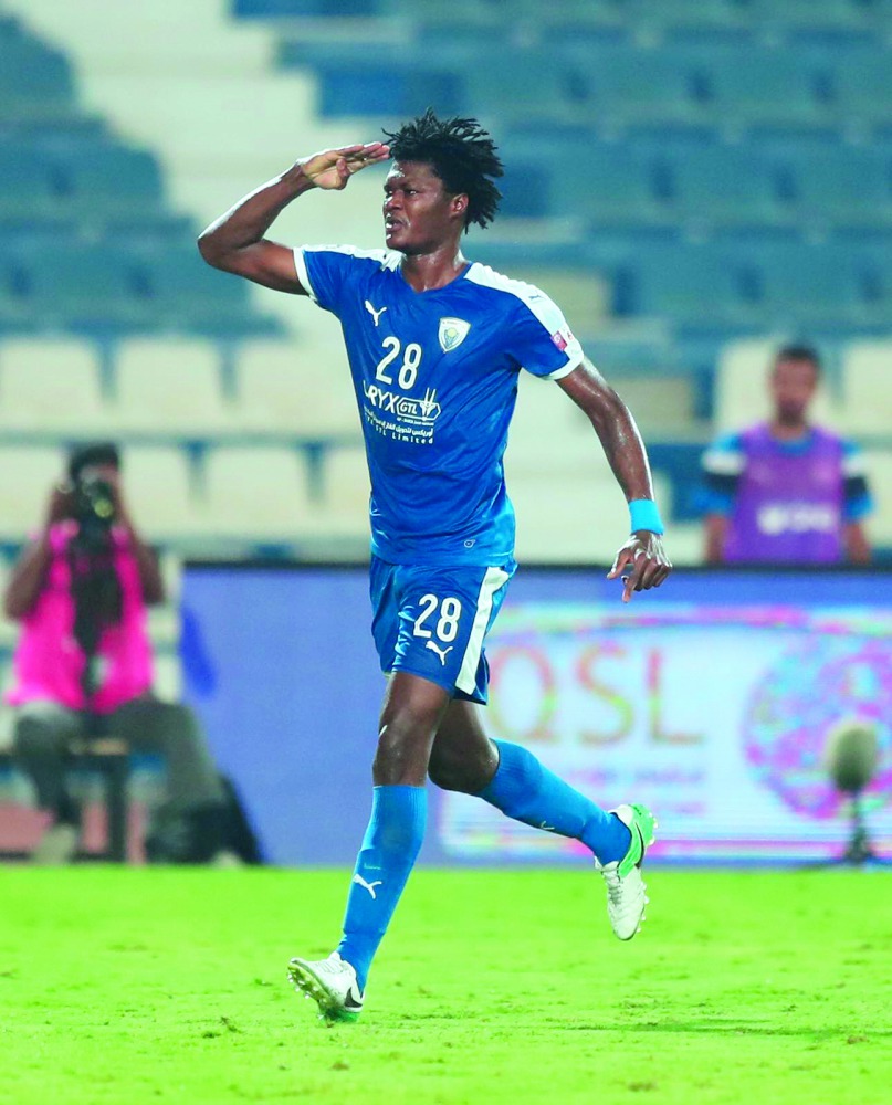 Al Kharaitiyat Gounerou Josue Mohy celebrates his goal against Al Gharafa at Al Khor Stadium yesterday. 