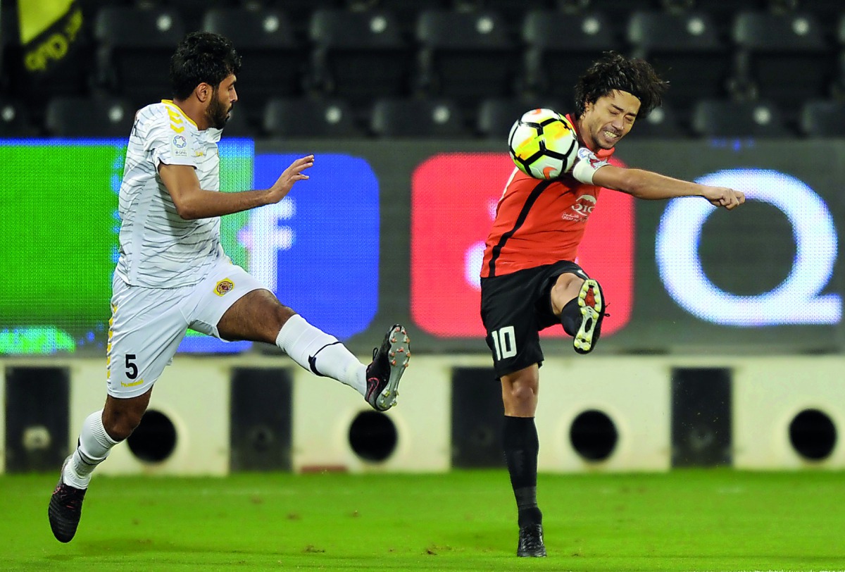 Al Rayyan’s Rodrigo Tabata  kicks to score against Qatar SC during their QNB Stars League match played at Al Sadd Stadium yesterday. Pictures: Kamutty VP/ The Peninsula