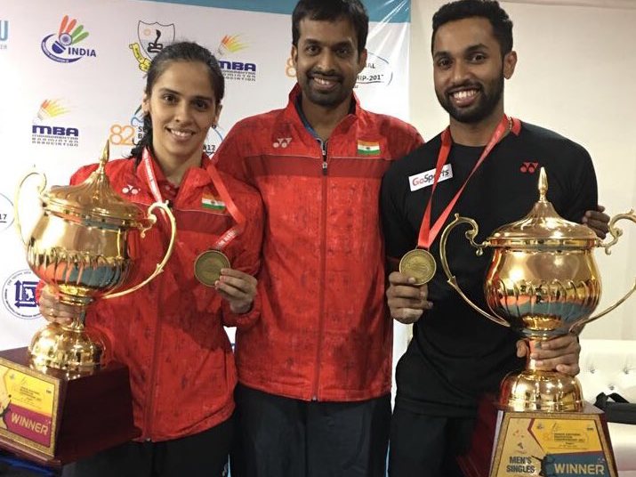 Saina Nehwal  and H S Prannoy with coach  Pullela Gopichand