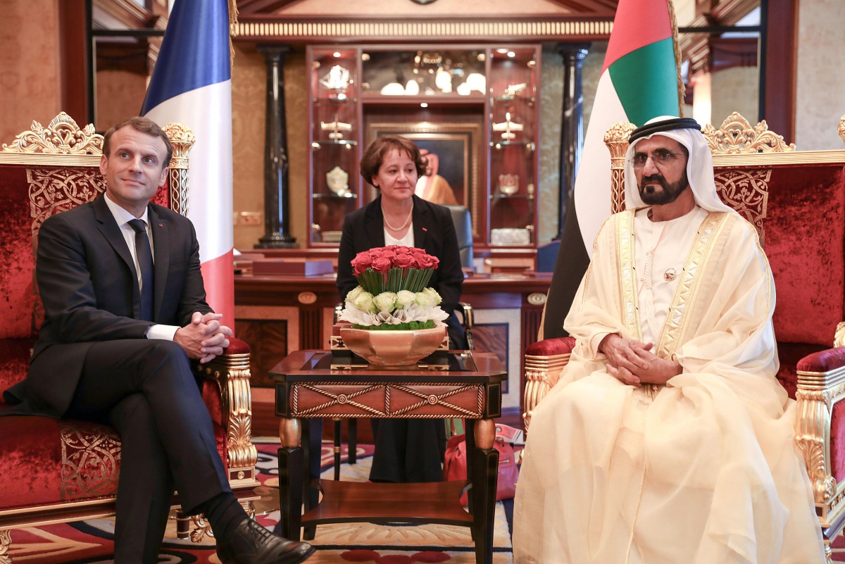 Prime Minister and Vice-President of the United Arab Emirates and Ruler of Dubai Sheikh Mohammed bin Rashid al-Maktoum meets with French President Emmanuel Macron in Dubai, United Arab Emirates, November 9, 2017. Dubai Media Office/ Reuters