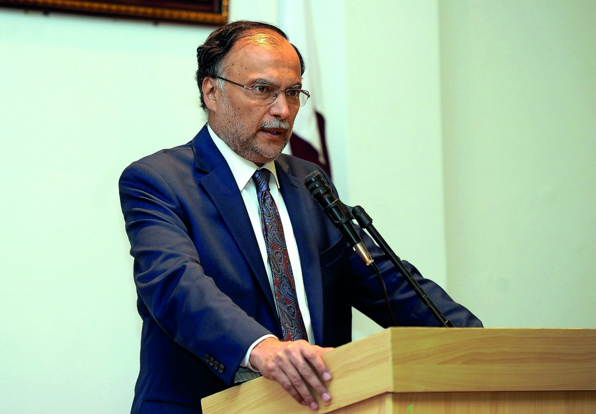 Interior Minister of Pakistan, Ahsan Iqbal, addressing Pakistani community at Embassy auditorium. Pic: Abdul Basit / The Peninsula