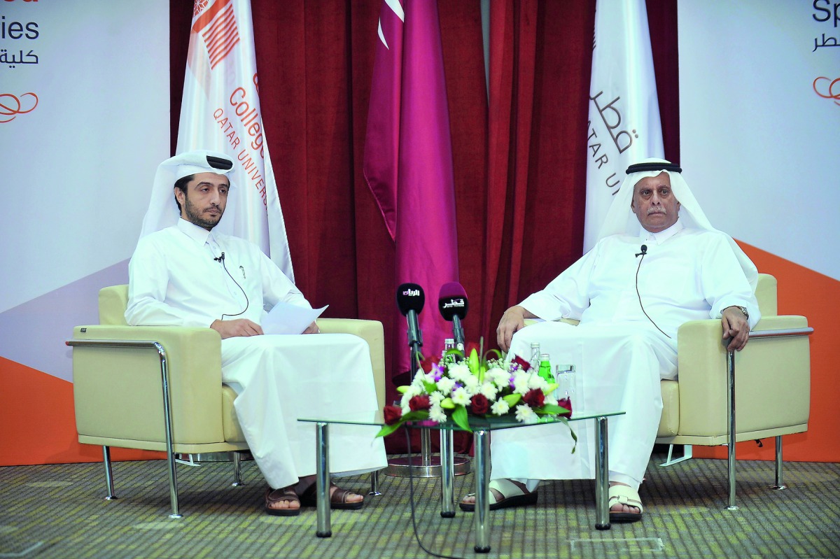 Chairman of Abdullah bin Hamad Al Attiyah International Foundation for Energy & Sustainable Development H E Abdullah bin Hamad Al Attiyah (right) during the Distinguished Speakers Series at Qatar University yesterday.  Pic: Baher Amin / The Peninsula 
