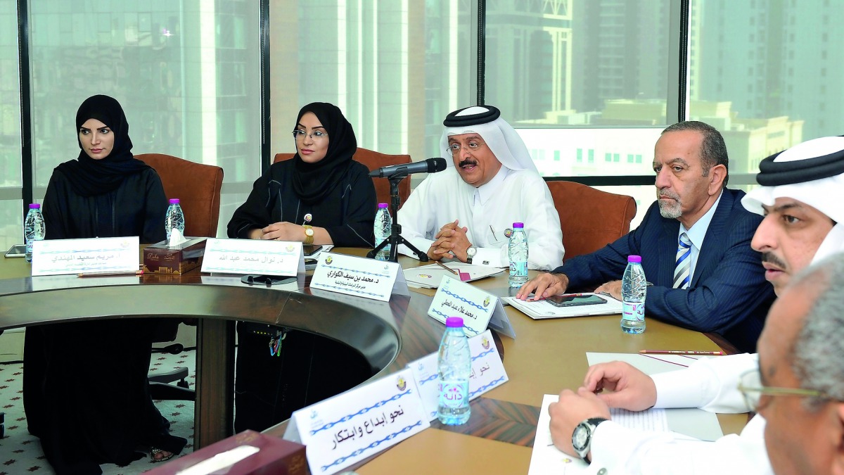 Dr Nawal Mohammed Abdullah (second left), Head of the Center for Environmental and Municipal Studies; Dr Mohammed bin Saif Al Kuwari (centre), Director of the Center for Environmental and Municipal Studies; Dr Mohamed Alaa Abdel Mohty (fourth left); at th