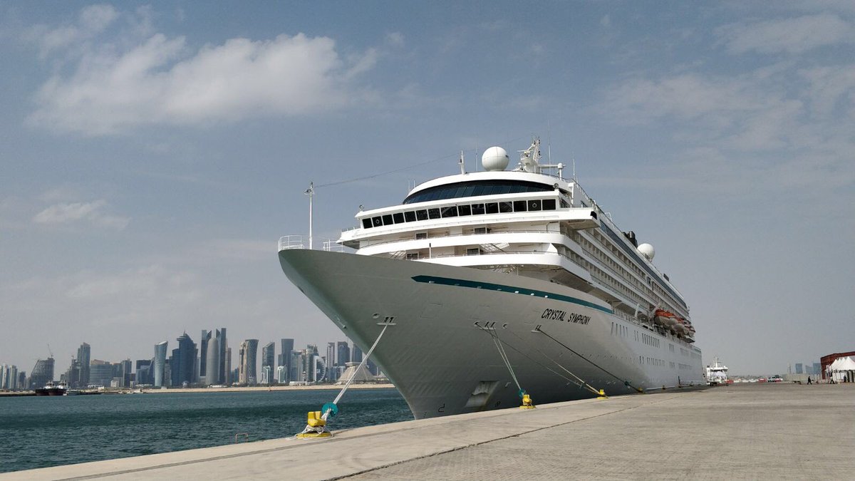 Cruise ship Crystal Symphony on her maiden call to Qatar at Doha Port. Twitter image shared by Mwani Qatar 