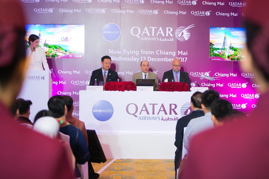 Qatar Airways opens fourth new gateway into Thailand with new service to Chiang Mai. Officials at the press conference.