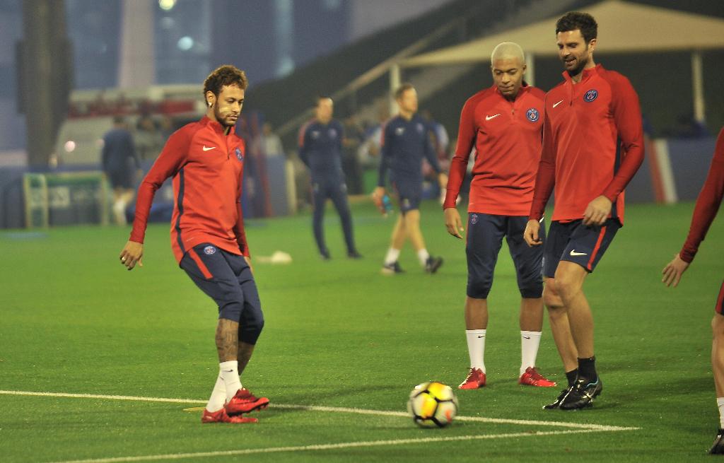 Paris Saint-Germain’s Brazilian forward Neymar trains with team-mates during their Winter Training Camp at the Aspire training pitch in Doha yesterday. Picture: Baher Amin