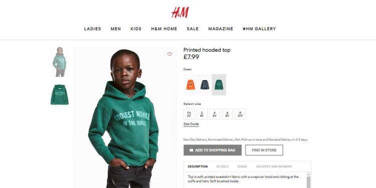 A photo on the company's online website of a black boy wearing a green hoodie with the inscription 