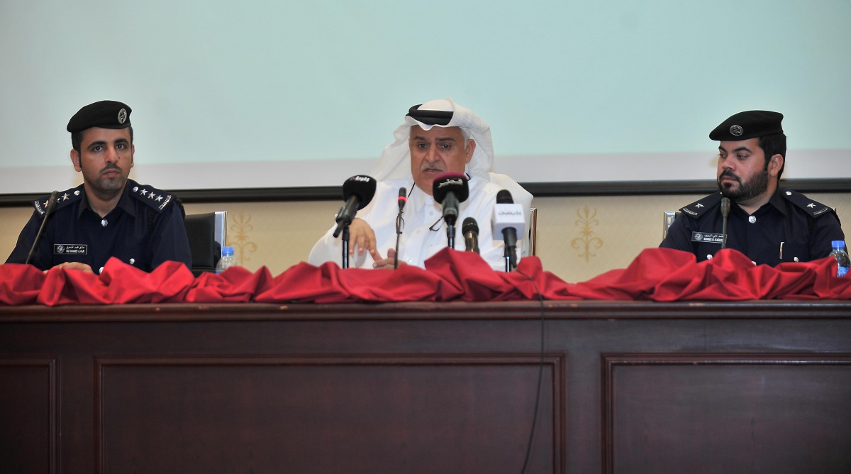 Hadi Mohamed Al Hajri, Brigadier Muhammed Abdullah Al Malki and Mohammed Ali Al Meraiziq during a press conference  at the Administrative Annexe yesterday. Pic: Baher Amin/The Peninsula