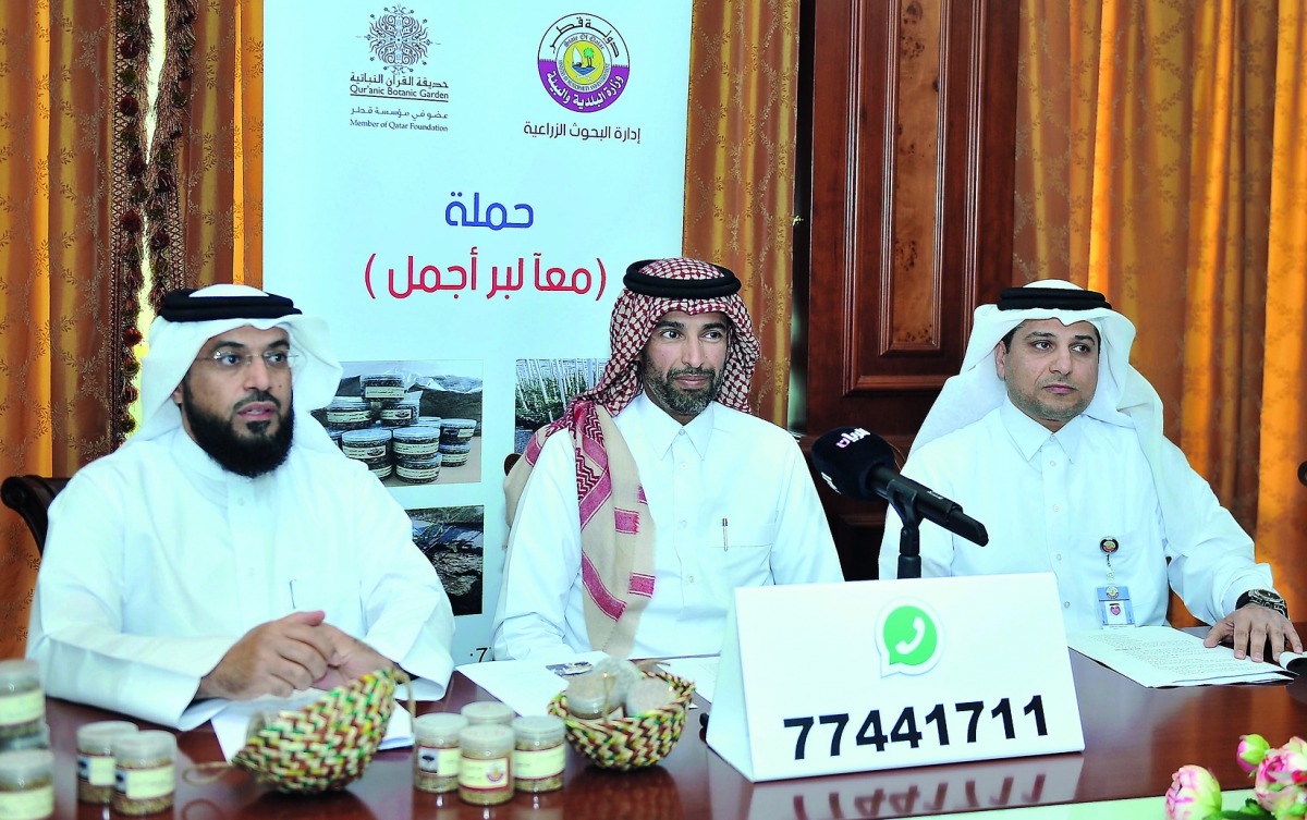 FROM LEFT: Masoud Jarallah Al Marri, Director of Agricultural Research Department; Sheikh Dr Faleh bin Nasser Al Thani, Assistant Undersecretary of the Ministry of Environment for Agriculture and Fisheries; and Hassan Al Asmakh, Head of Plant Research Div