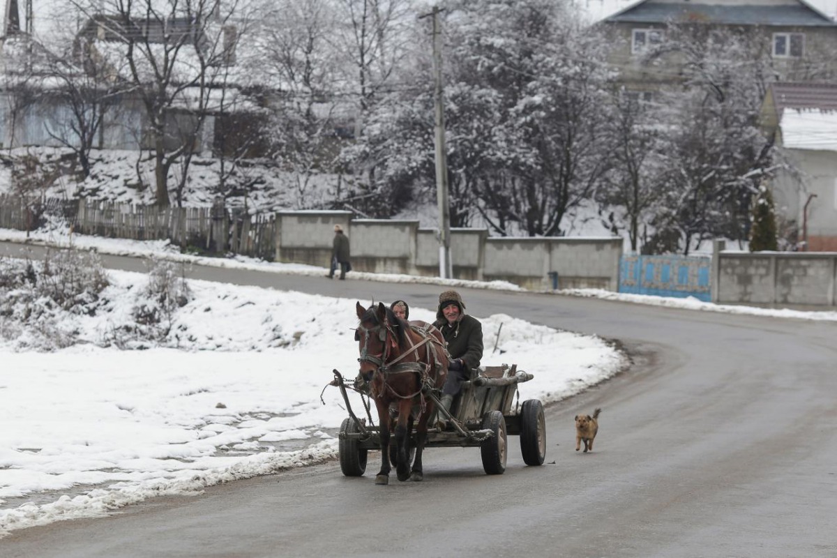 A horse-drawn carriage is pictured on a street in Dragomiresti, Dambovita county, Romania, January 23, 2018.  Inquam Photos/Octav Ganea via Reuters

