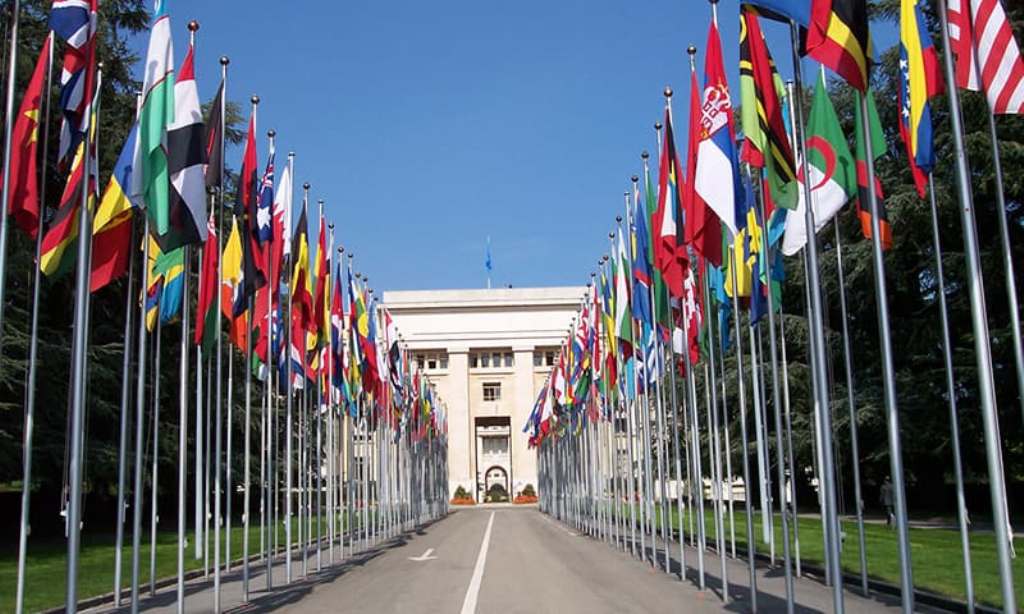 Flags outside the United Nations headquarters in Geneva