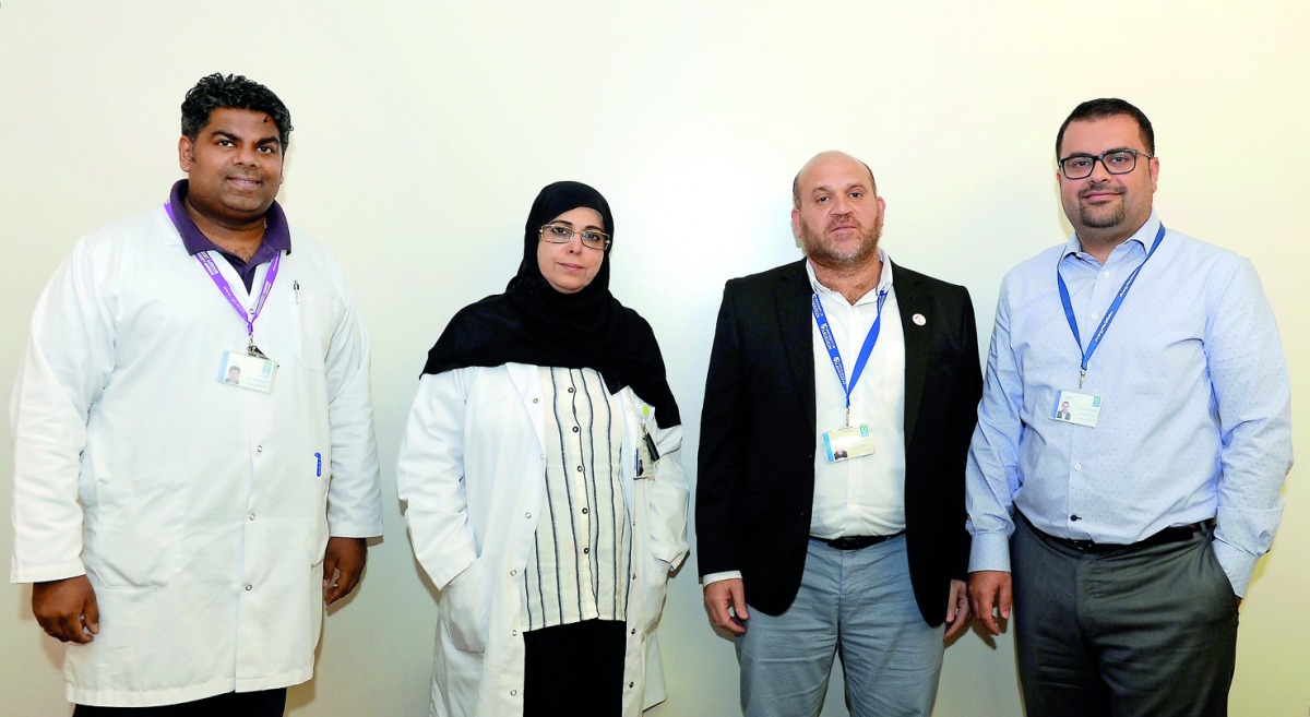 Dr Moza Al Hail (second left) with Dr Abdul Rauf Pallivalapil (third left), Assistant Director of Pharmacy; Binny Thomas (left), Clinical Pharmacy Specialist, and Wessam Mohammed El Kassem, Assistant Director of Pharmacy. Pic: Salim Matramkot/The Peninsul