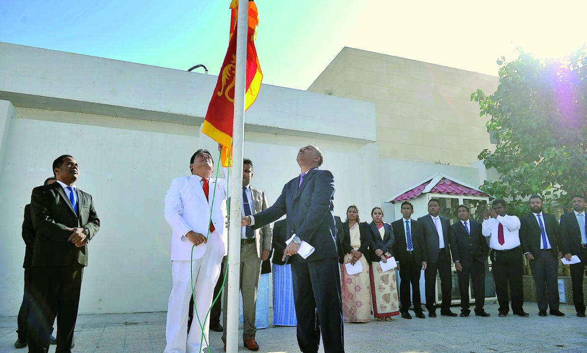 Ambassador ASP Liyanage raising the national flag on the 70th Independence Day of Sri Lanka yesterday at the Sri Lankan Embassy premises in Doha.Pic: Baher Amin/The Peninsula
