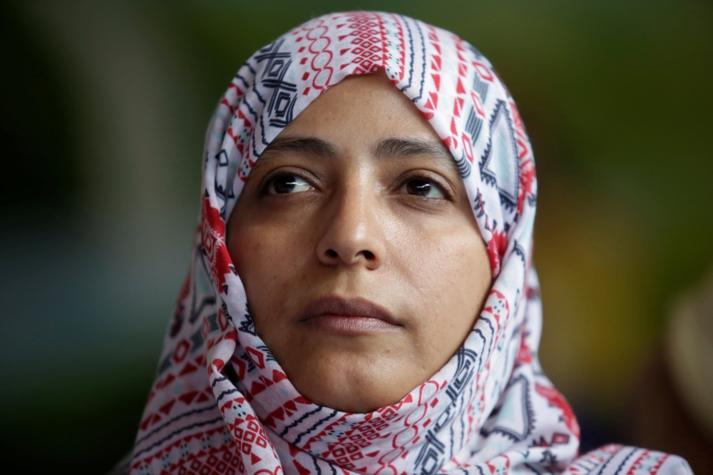 Nobel Peace Prize winner Tawakkol Karman of Yemen looks on during a news conference against mining in the town of Casillas, Guatemala, October 26, 2017. Reuters/Luis Echeverria