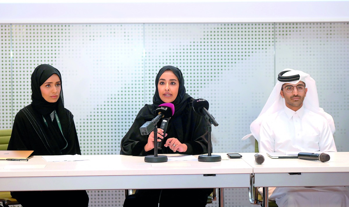 Alya Al Suwaidi, Media Relations Officer at Qatar Foundation; Mashael Al Nouimi (centre) Head of Community Development at QF, and Mohamed Fakhro during the press conference announcing the launch of ‘Akhlaquna Award’ at QF Headquarters yesterday. Pic: Abdu