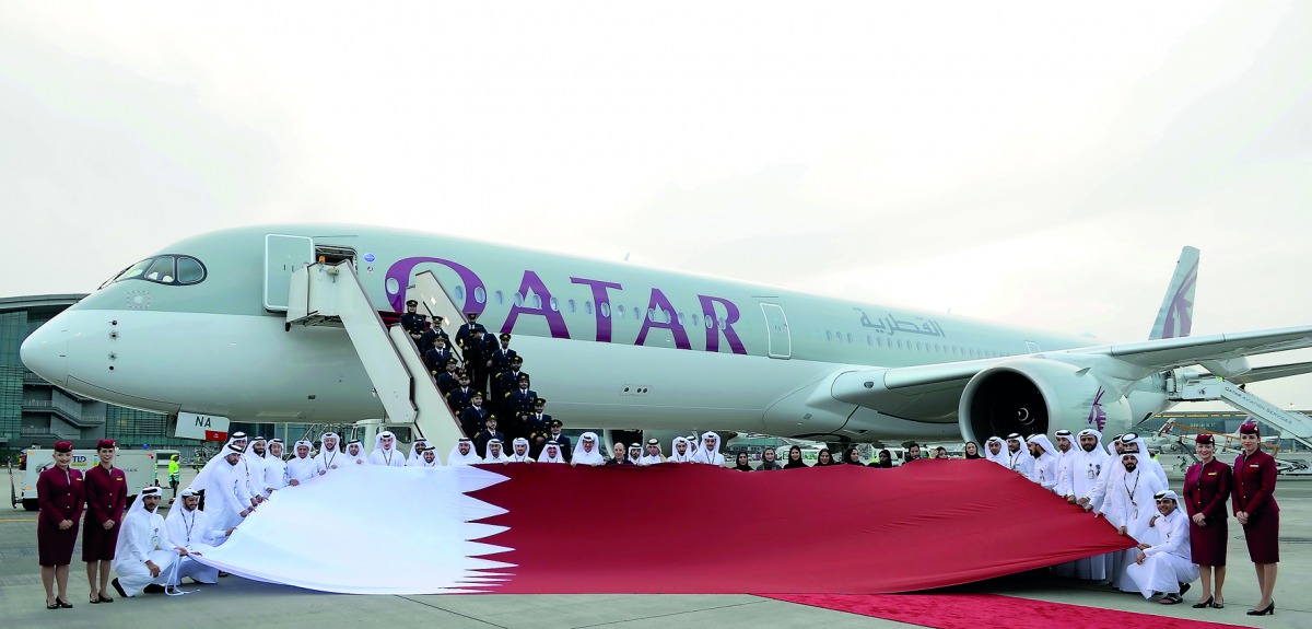 The Group CEO of Qatar Airways, Akbar Al Baker, with other officials during the delivery of first Qatar Airways A350-1000 touching down in Doha. Pic: Salim Matramkot/The Peninsula