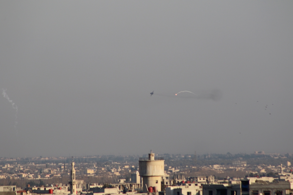 A fighter jet of Assad Regime carries out an airstrike to Arbin town of Eastern Ghouta in Damascus, Syria on February 24, 2018. Diaa Al Din - Anadolu 
