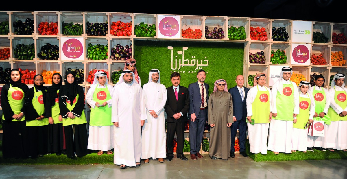 Minister of Education and Higher Education H E Dr Mohammed Abdul Wahed Al Hammadi, with Dr Javaid Sheikh, Dean of Weill Cornell Medicine-Qatar and other officials during the launch of Khayr Qatarna at QNCC yesterday. Pic: Abdul Basit / The Peninsula