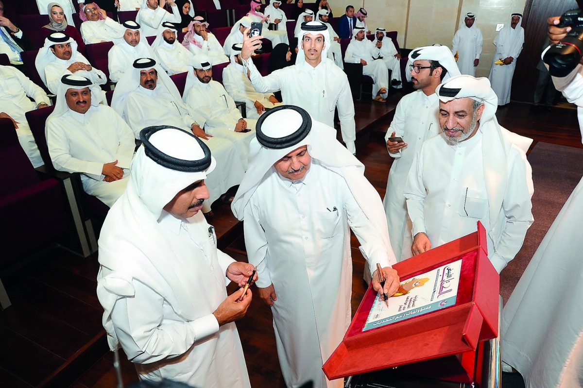 The Chairman of Board of Directors of Dar Al Sharq Group, Sheikh Thani bin Abdullah Al Thani, launching the White Book at Conference on Social Responsibility and Awards, yesterday. Pic: Ebrahim Kutty