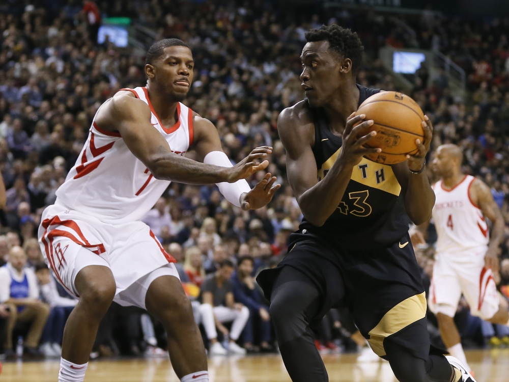 Toronto Raptors forward Pascal Siakam (43) drives against Houston Rockets guard Joe Johnson (7) at the Air Canada Centre. Toronto defeated Houston 108-105. John E. Sokolowski
