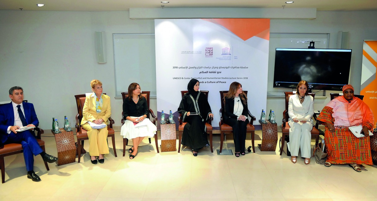 FROM LEFT: Sultan Barakat, Founding Director of the Centre for Conflict and Humanitarian Studies; Ewa Polano, Ambassador of Sweden; Rossana Cecilia Surballe, Ambassador of Argentina; H E Lulwah Rashid Al Khater, the official spokesperson for the Foreign M