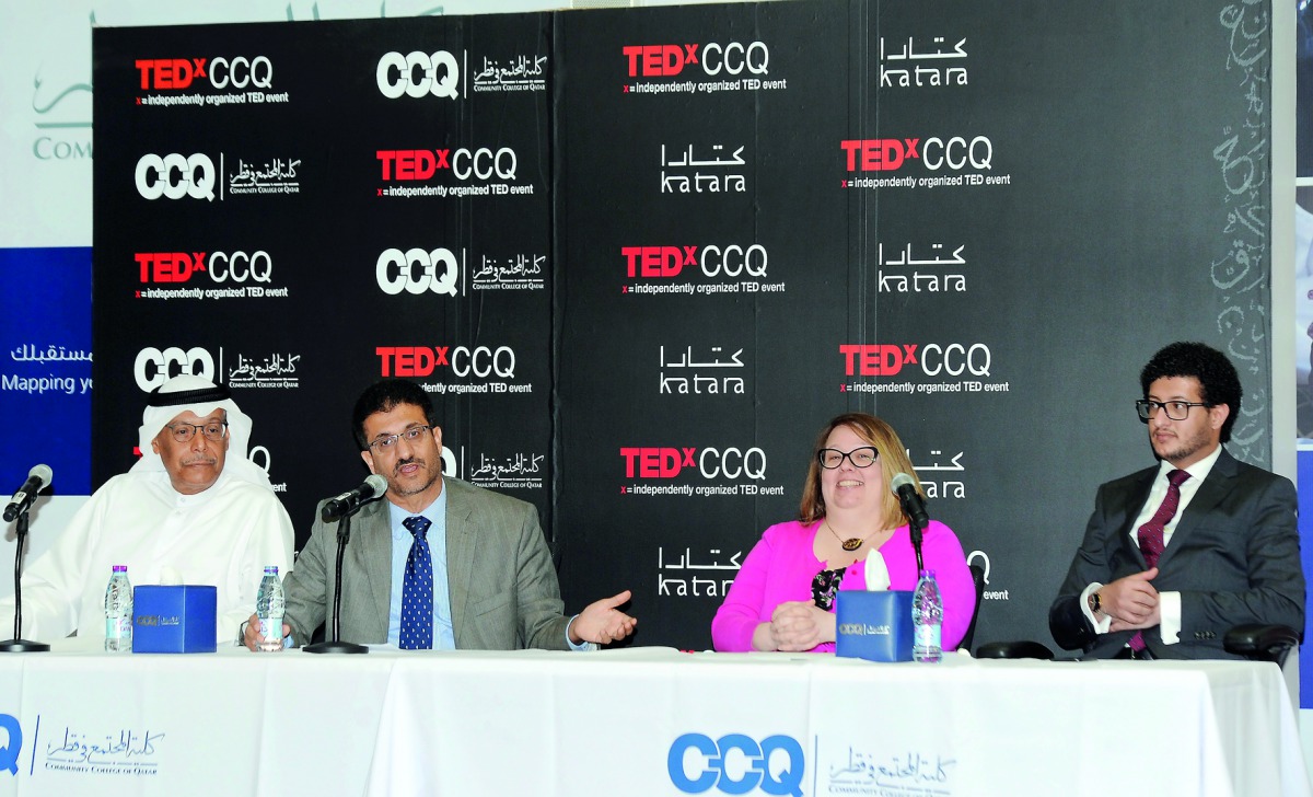 FROM LEFT: Rashid Al Bader, Acting Chief Operations Officer, CCQ; Dr Abdallah Hazaimeh, Dean of CCQ; Nycki Cuddie, Organiser of TEDxCCQ; and Mastoor Al Kaboody, Co-organiser, during a media briefing at the Community College of Qatar (CCQ) premises yesterd