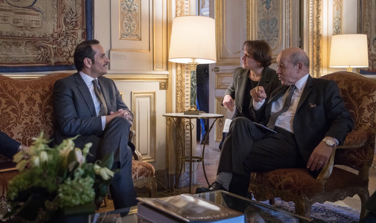 H E Sheikh Mohamed bin Abdulrahman Al Thani meeting French Foreign Minister Jean-Yves Le Drian during his visit to France.