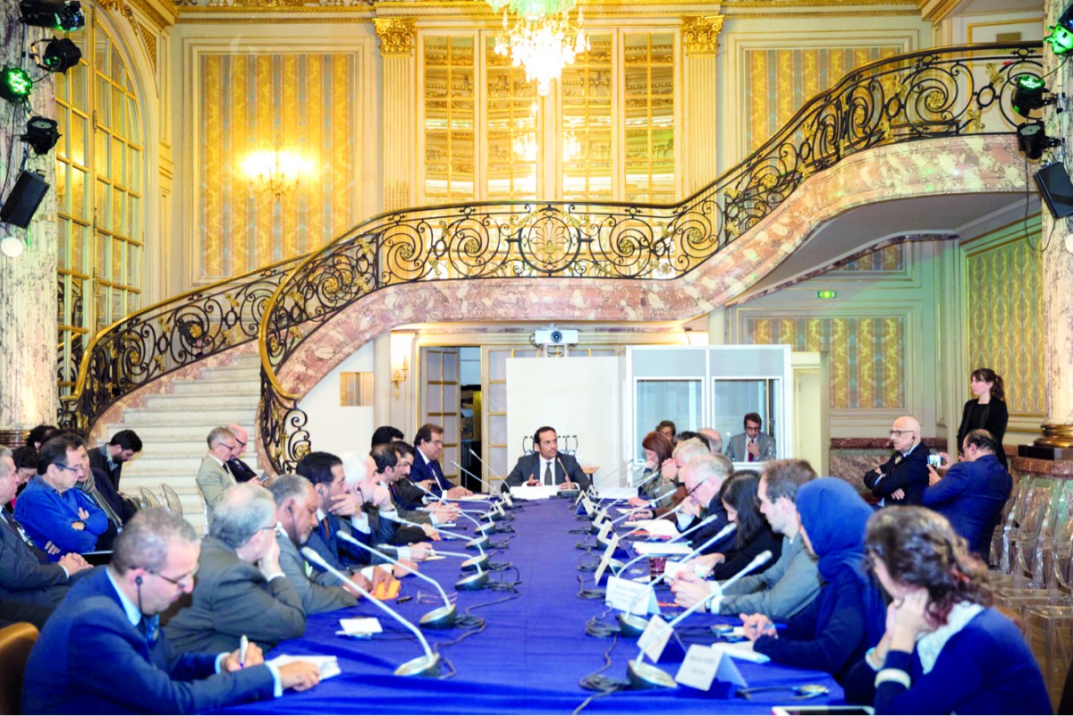 Deputy Prime Minister and Foreign Minister H E Sheikh Mohammed bin Abdulrahman Al Thani speaking at the International Diplomatic Academy in Paris.