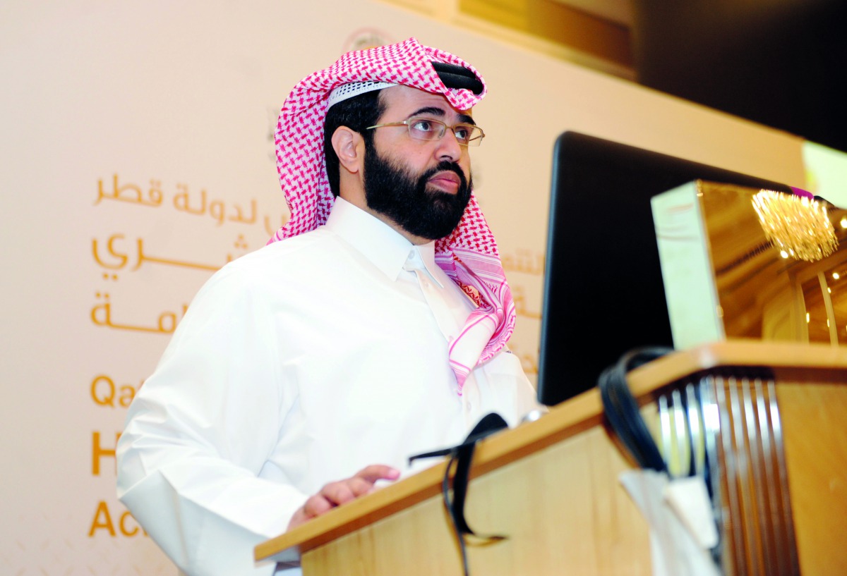 Hamad Rashid Al Athba, Assistant Under Secretary for Planning   Affairs at Ministry of Development Planning and Statistics speaking at the symposium held at Shangri-La Hotel yesterday. Pic: Abdul Basit / The Peninsula