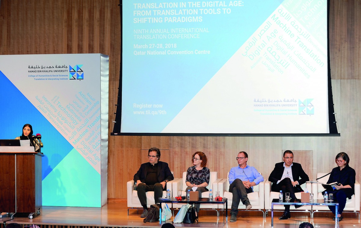 Dr Amal Al Malki, Dean of the College of Humanities and Social Science, Hamad Bin Khalifa University (HBKU), addressing at the opening of the Ninth Annual International Translation Conference at the QNCC in Doha yesterday. Others seated from left are, Mic