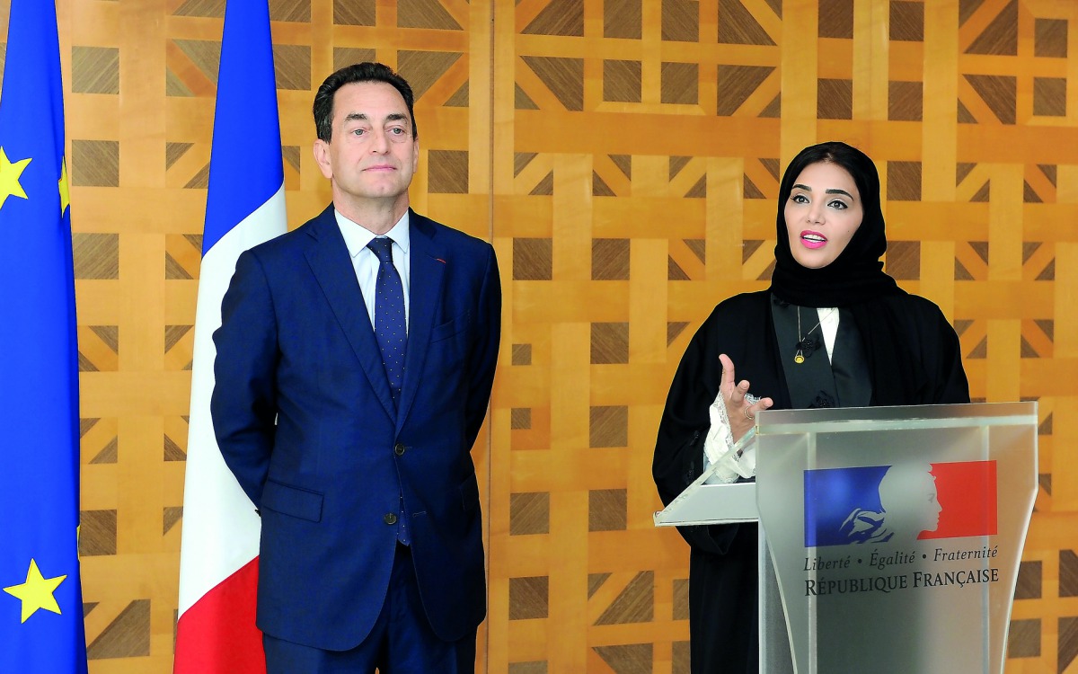 Ambassador of France to Qatar, Eric Chevallier (left), with Dr Amal Al Malki, Founding Dean of the College of Humanities and Social Sciences, Hamad Bin Khalifa University (HBKU), addressing the media to announce the participation of Dr Al Malki in Forum o