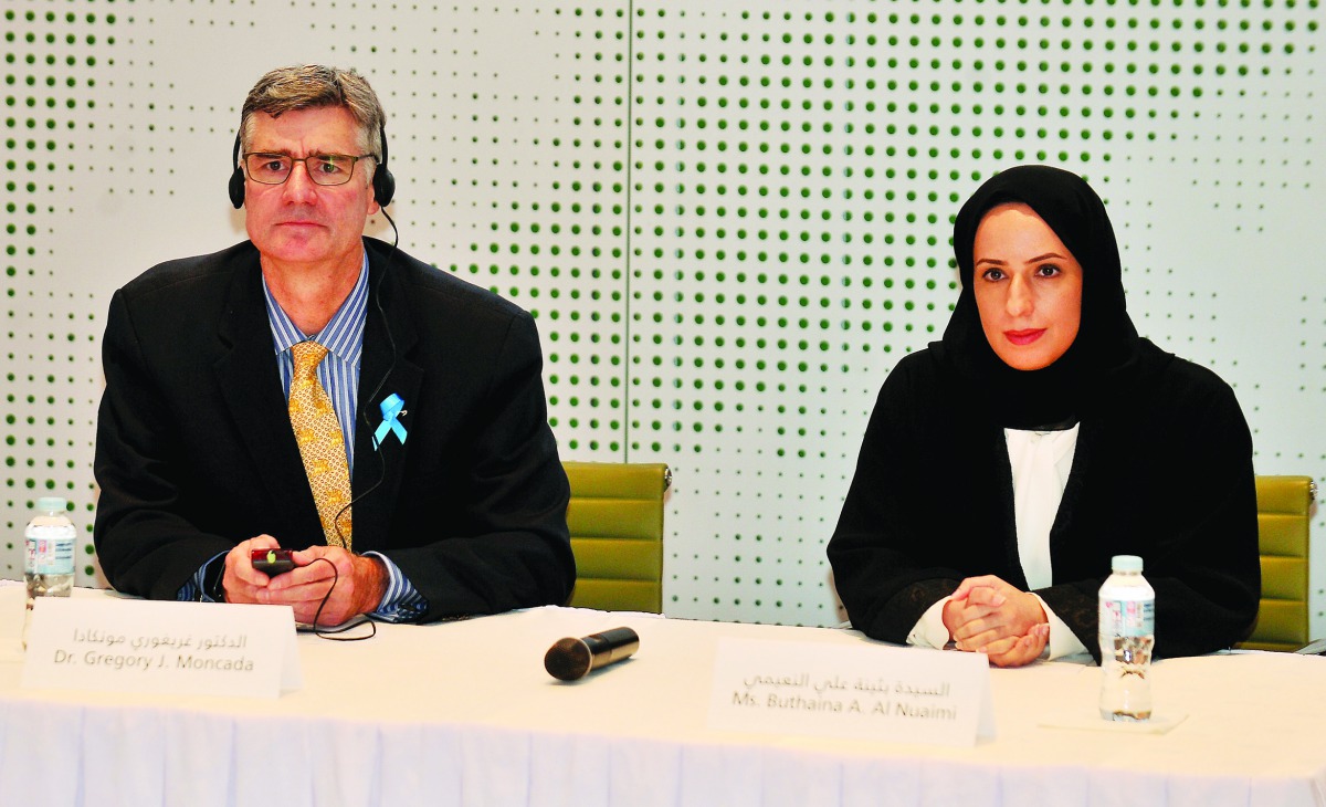 Dr Gregory J Moncada (left) and Buthaina Ali Al Nuaimi during the press conference yesterday. Pic: Baher Amin / The Peninsula